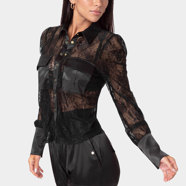 Side View-FLORAL LACE BLOUSE-BLACK