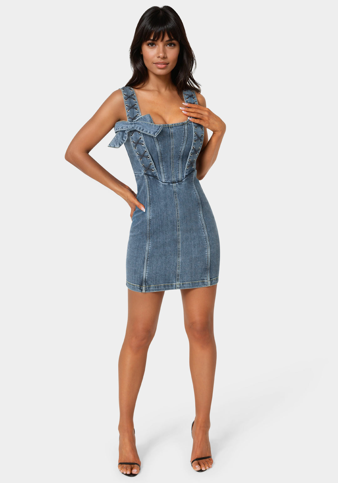 Bebe Women's Bow Fitted Eyelet Denim Dress, Size 4 in Antique Indigo Wash Suede/Cotton/Spandex Bebe Women's Bow Fitted Eyelet Denim Dress, Size 4 in Antique Indigo Wash Suede/Cotton/Spandex
