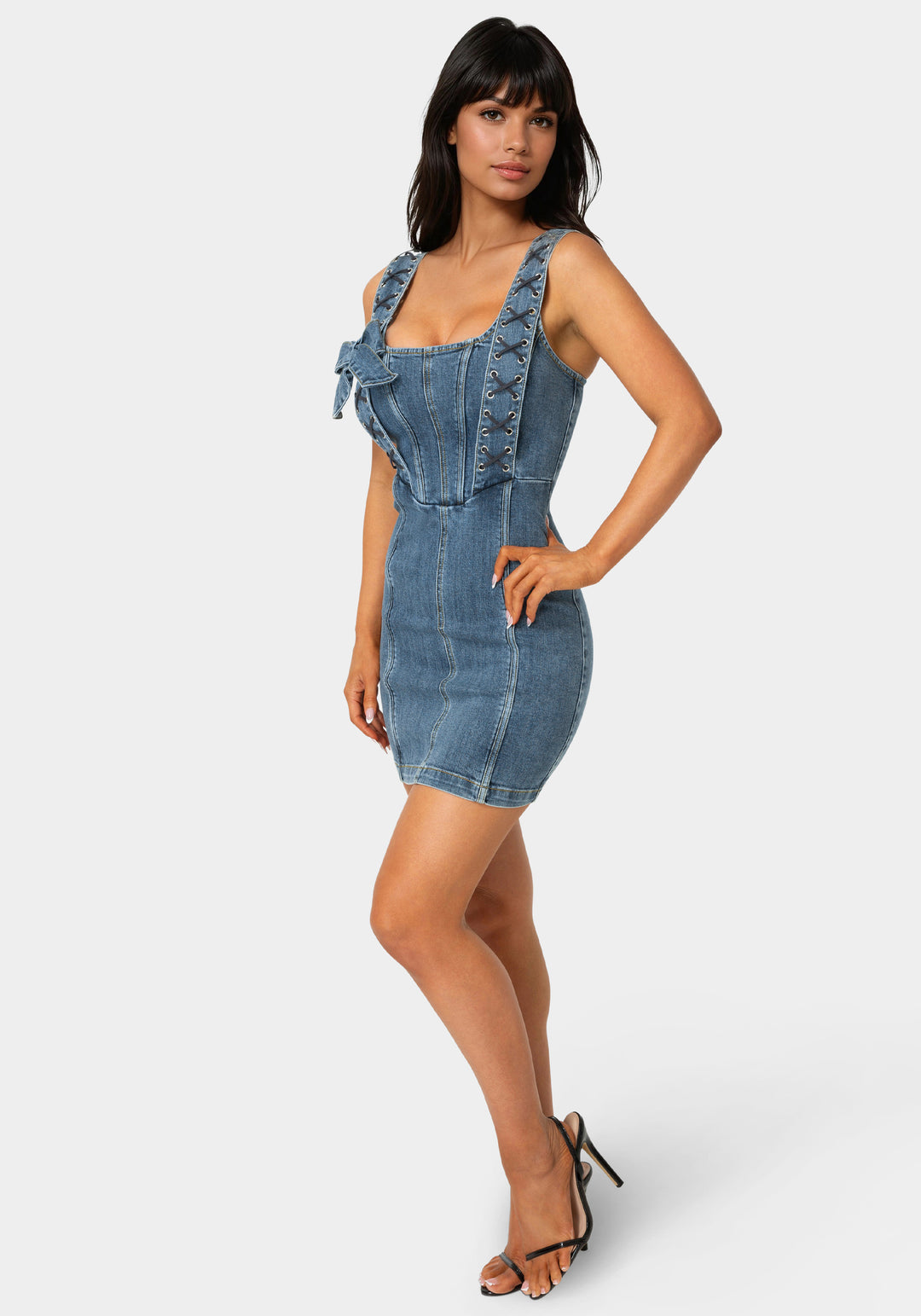 Bebe Women's Bow Fitted Eyelet Denim Dress, Size 4 in Antique Indigo Wash Suede/Cotton/Spandex Bebe Women's Bow Fitted Eyelet Denim Dress, Size 4 in Antique Indigo Wash Suede/Cotton/Spandex