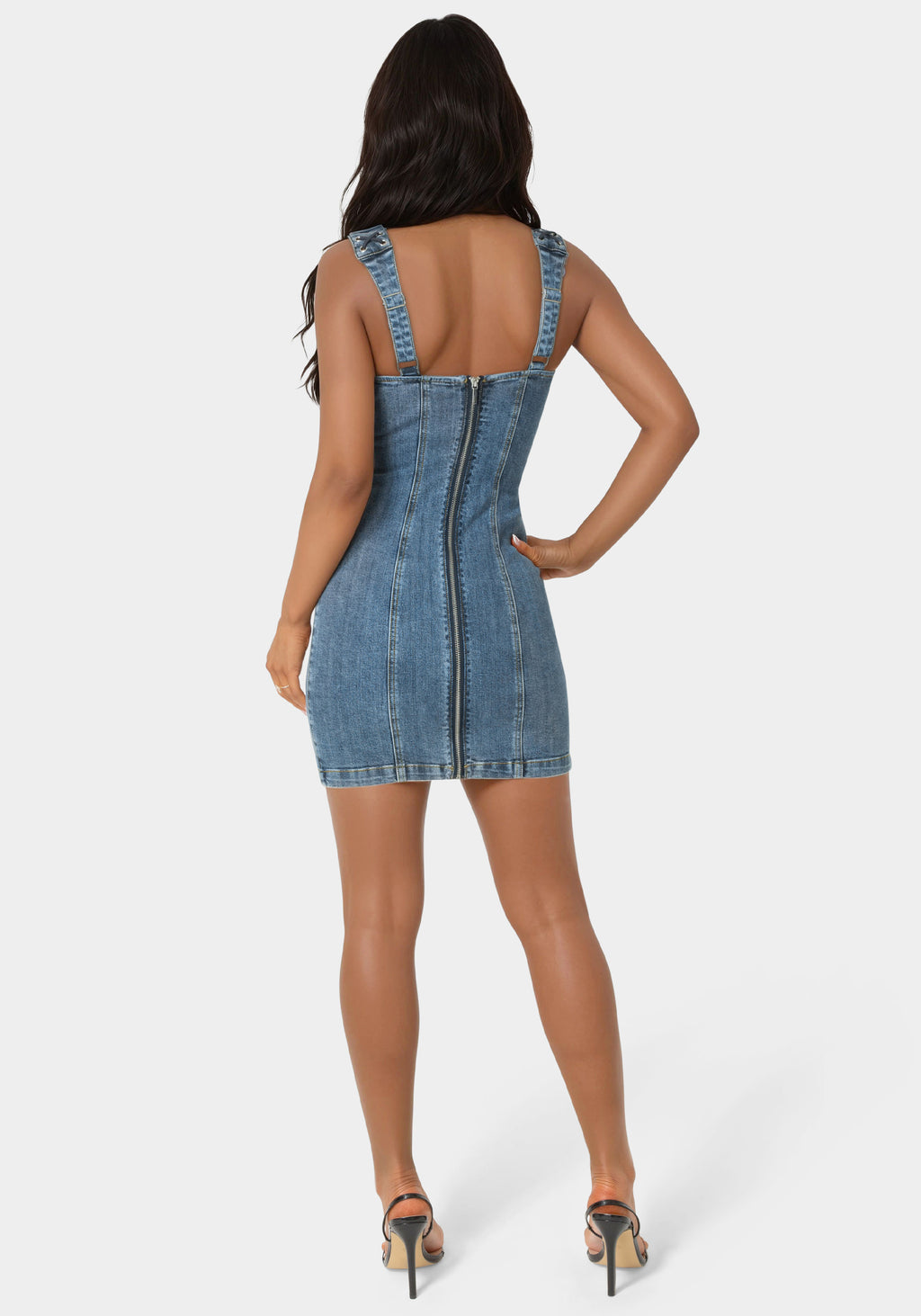 Back view - Bow Fitted Eyelet Denim Dress - Antique Indigo Wash