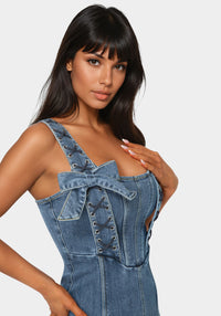 Detail view - Bow Fitted Eyelet Denim Dress - Antique Indigo Wash