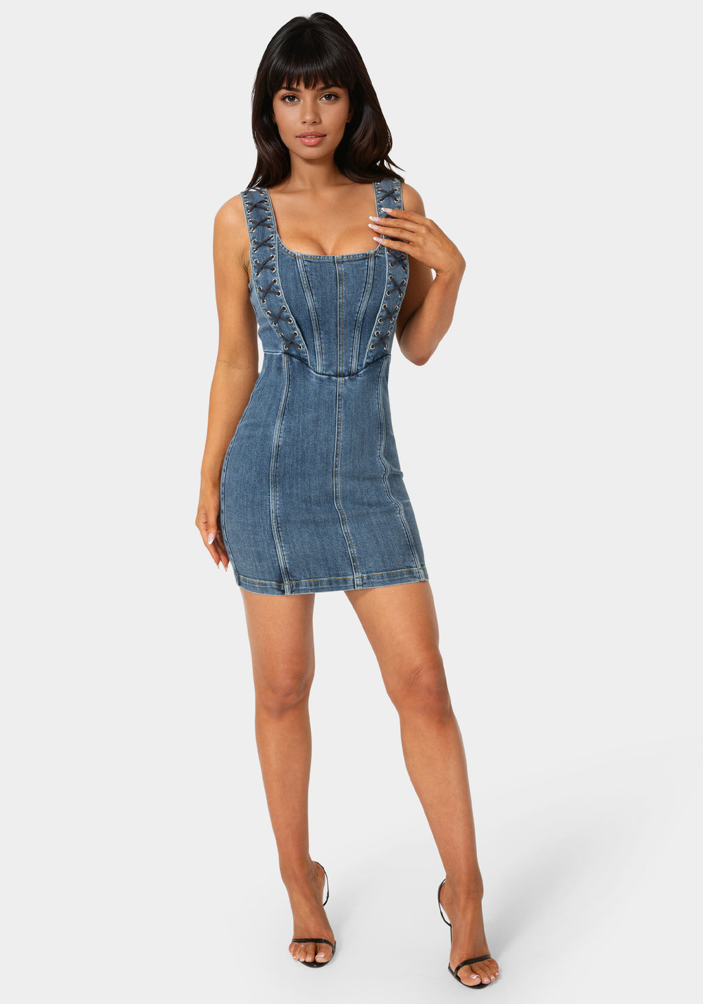 Additional view - Bow Fitted Eyelet Denim Dress - Antique Indigo Wash