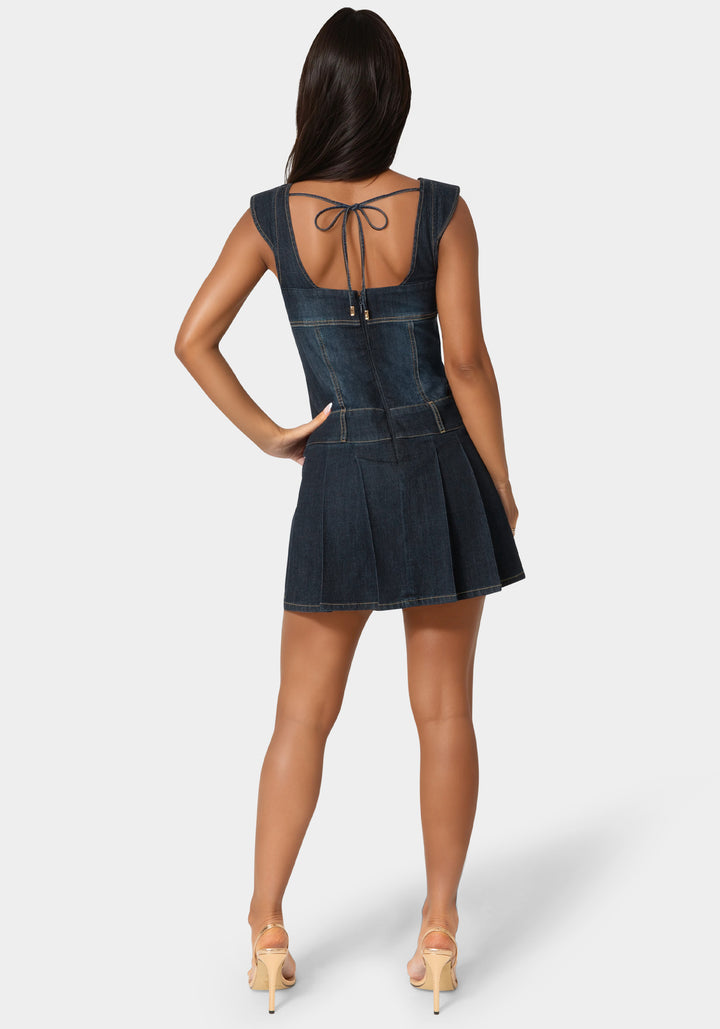 Back View-Pleated Skort Denim Dress-Indigo Wash