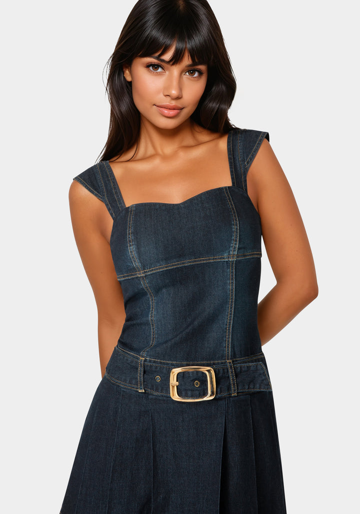 Front View-Pleated Skort Denim Dress-Indigo Wash