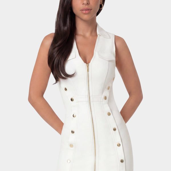 Front View-Fitted White Denim Dress-SOFT WHITE WASH