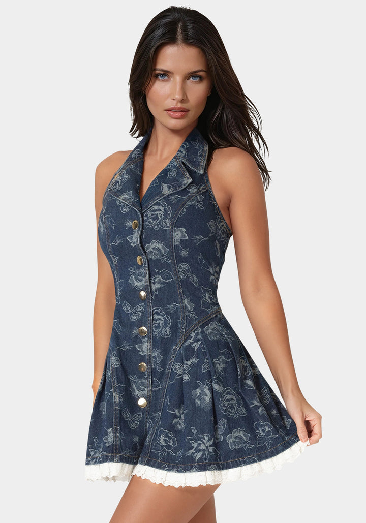 Front View-Fit & Flare Denim Dress-Dark Blue Wash