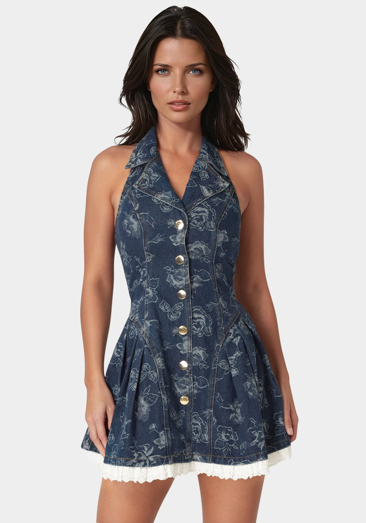 Detail View-Fit & Flare Denim Dress-Dark Blue Wash