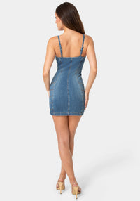 Back View-METAL STRAP DETAILS FITTED DENIM DRESS-ICONIC BLUE WASH