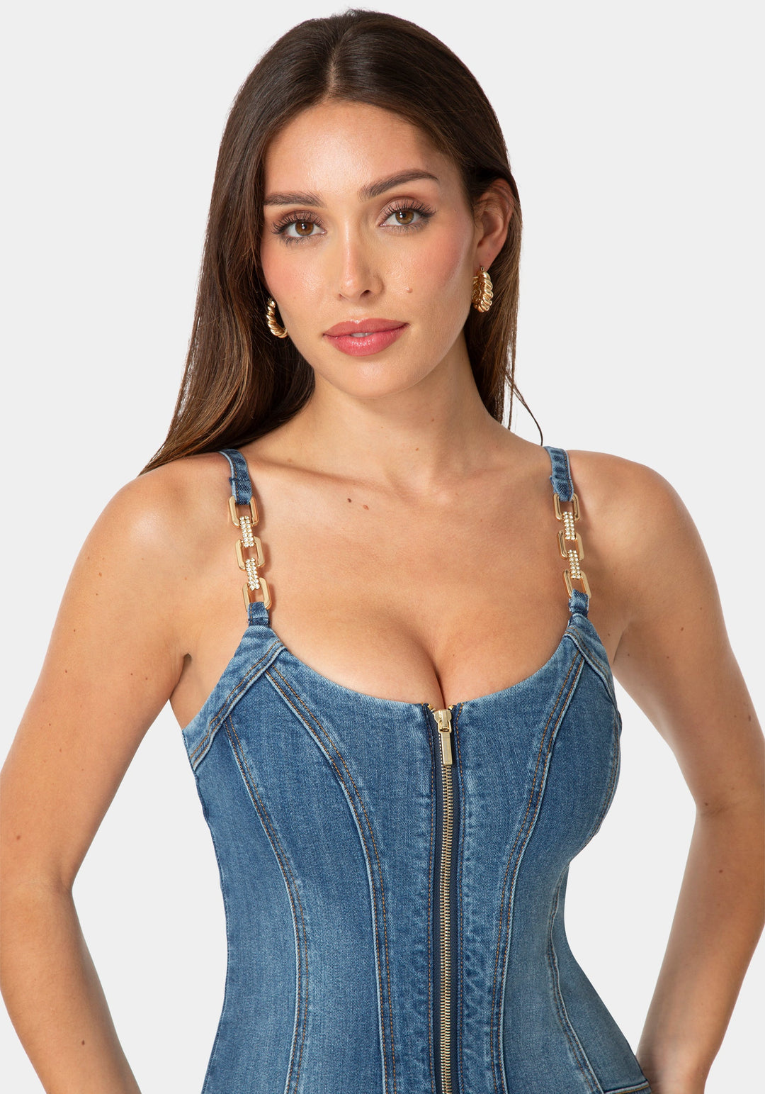 Front View-METAL STRAP DETAILS FITTED DENIM DRESS-ICONIC BLUE WASH