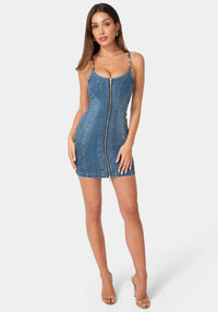 Detail View-METAL STRAP DETAILS FITTED DENIM DRESS-ICONIC BLUE WASH