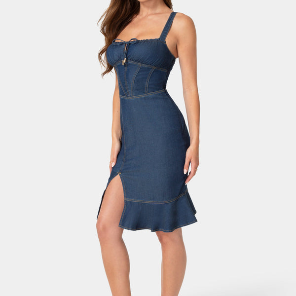 Side View-TENCEL MIDI DRESS-DARK BLUE WASH