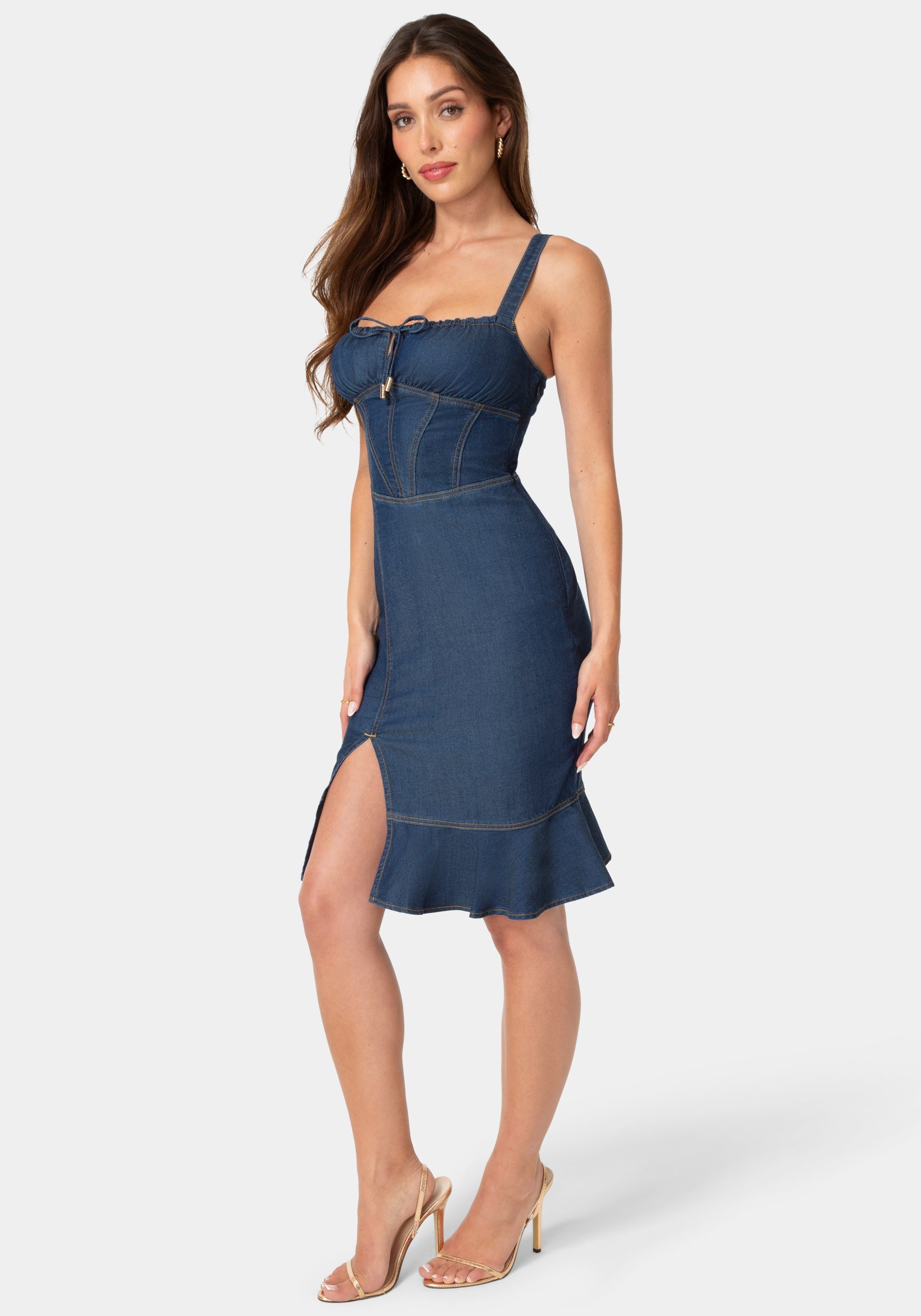 Side View-TENCEL MIDI DRESS-DARK BLUE WASH