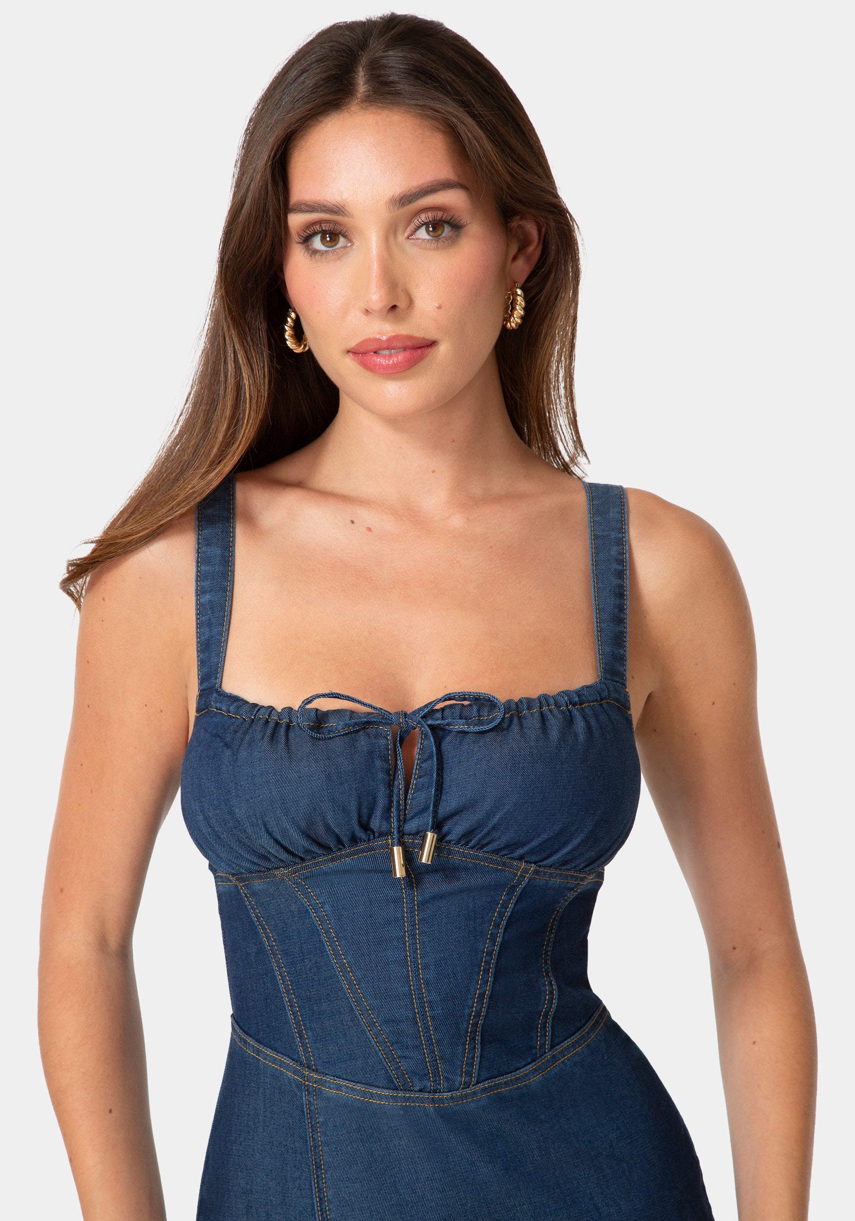 Front View-TENCEL MIDI DRESS-DARK BLUE WASH