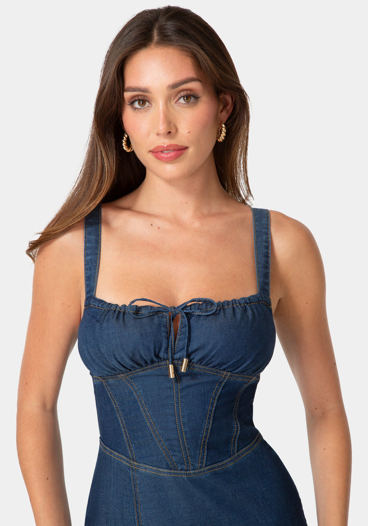 Front View-TENCEL MIDI DRESS-DARK BLUE WASH