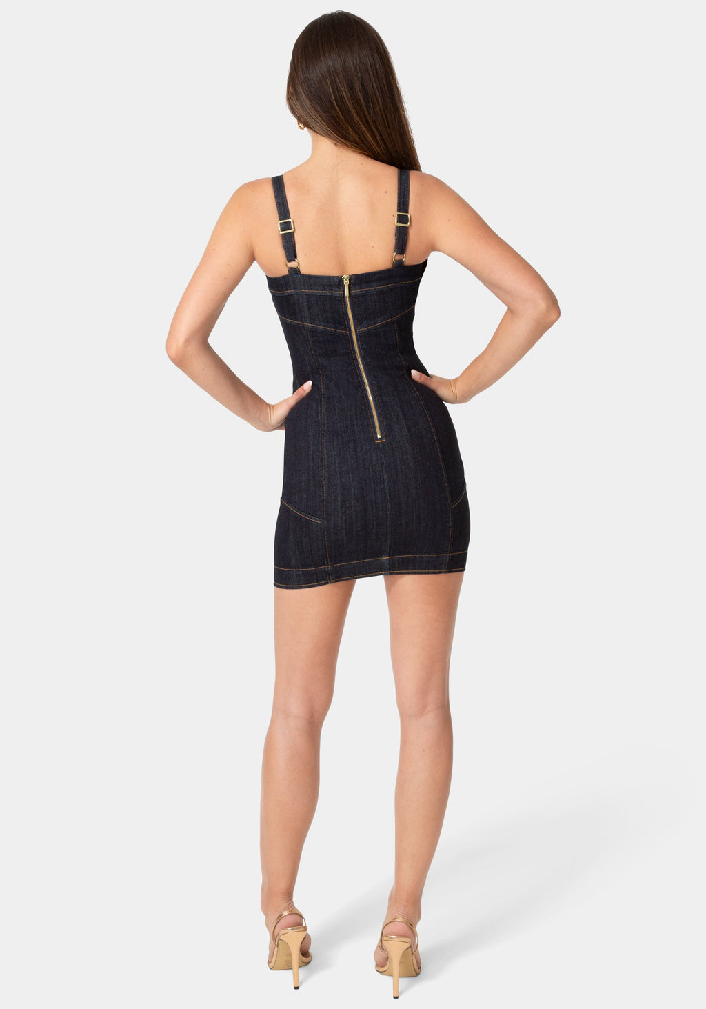 Back View-FITTED MINI DENIM DRESS-RAW INDIGO WASH
