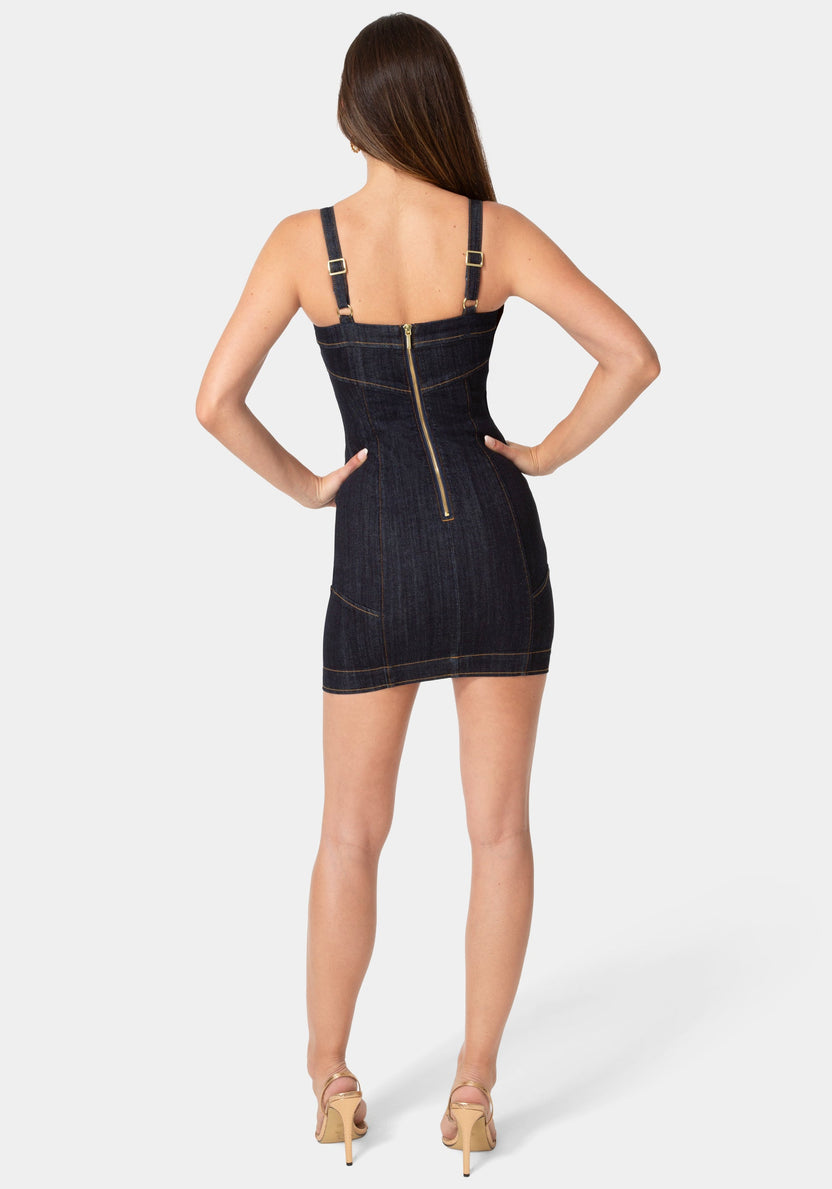 Back View-FITTED MINI DENIM DRESS-RAW INDIGO WASH