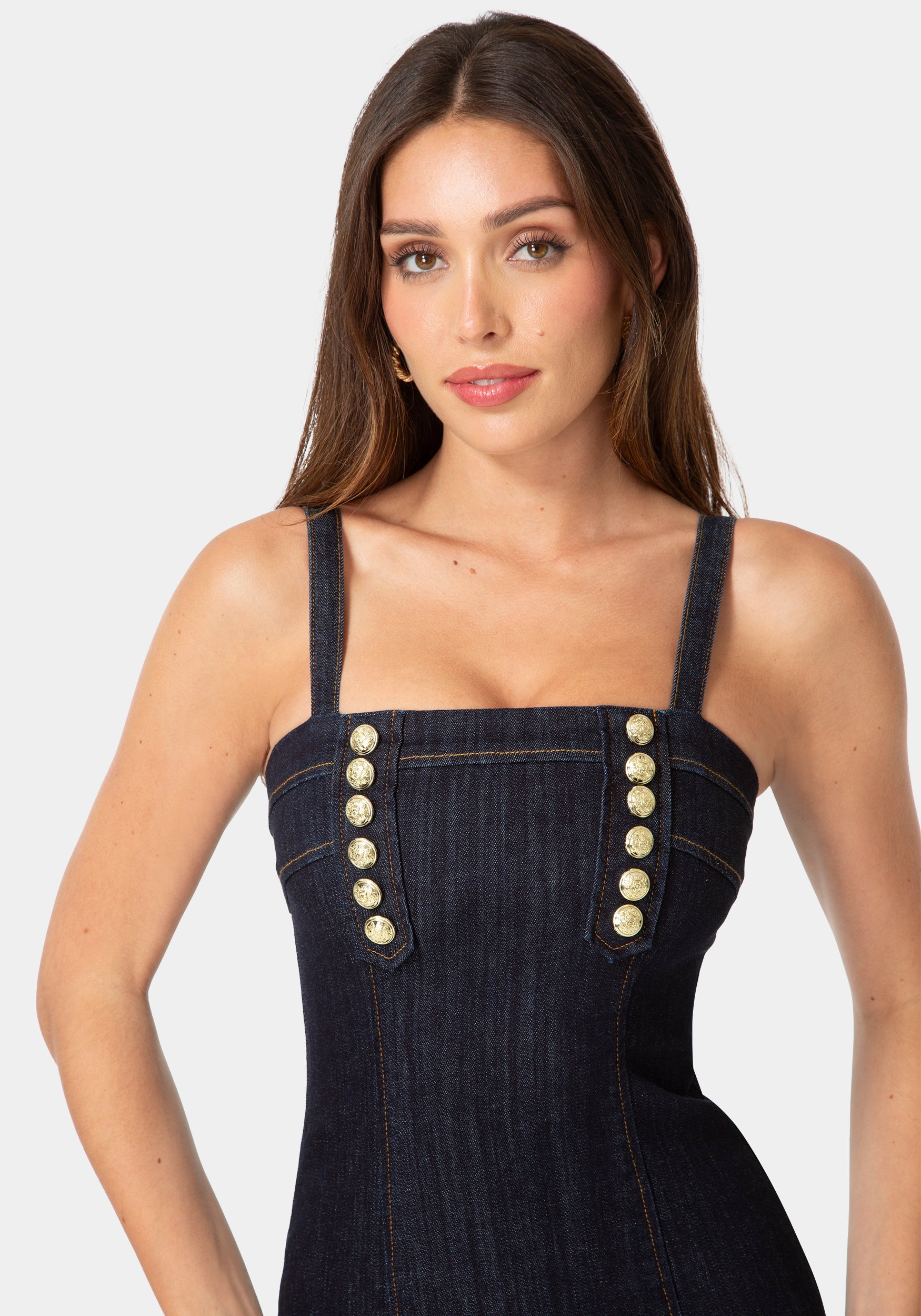 Bebe Women's Fitted Mini Denim Dress, Size Large in Raw Indigo Wash Metal/Cotton/Spandex