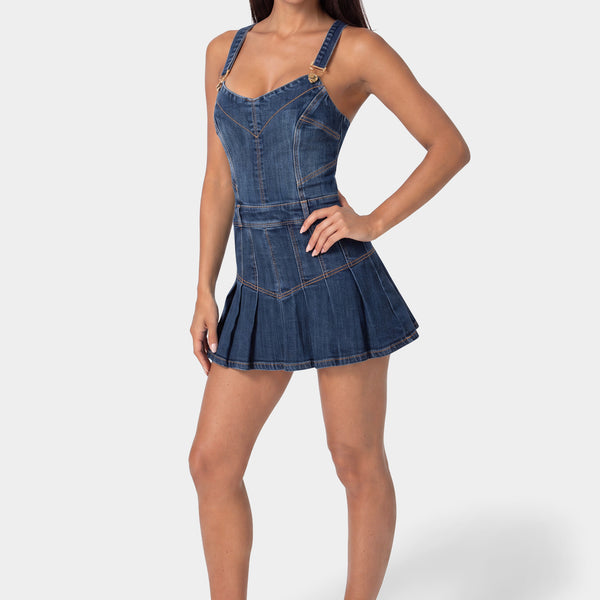 Front View-MINI PLEATED DENIM DRESS-BLUE OBSESSION WASH