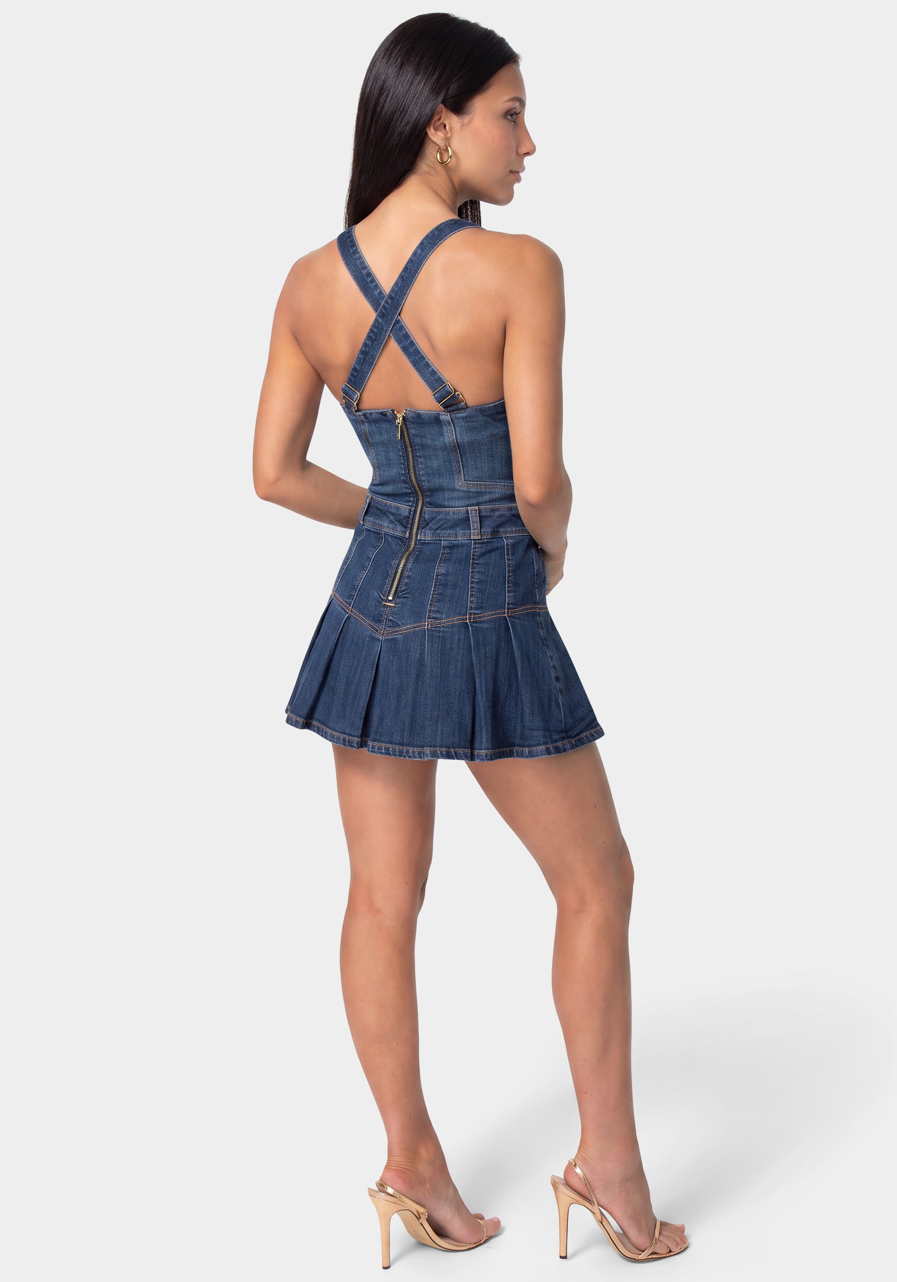 MINI PLEATED DENIM DRESS – bebe