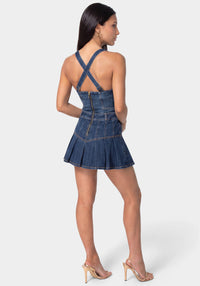Back View-MINI PLEATED DENIM DRESS-BLUE OBSESSION WASH