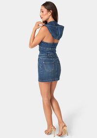 Back View-HOODED FITTED DENIM DRESS-BLUE OBSESSION WASH