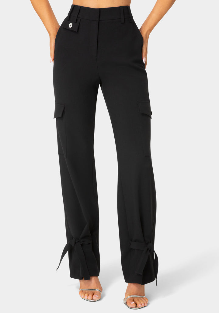 Front View-High Waist Tie Detail Cargo Jogger-Black