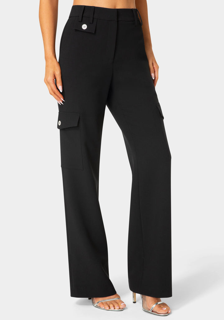 Side View-High Waist Tie Detail Cargo Jogger-Black