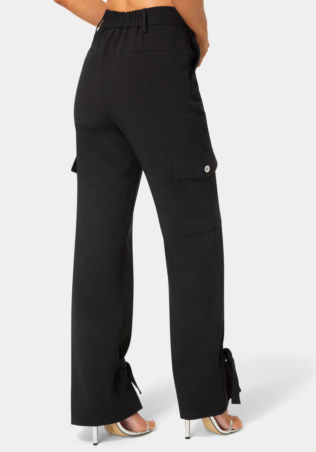 Back View-High Waist Tie Detail Cargo Jogger-Black