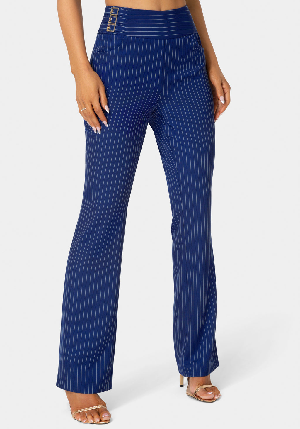 Side view - Mid Rise Stripe Mini Bootcut Leg Pant - Blue Intention Pinstripe