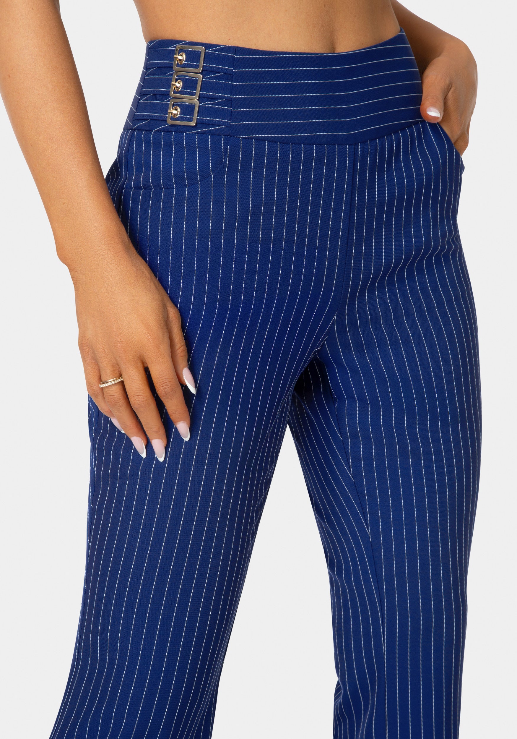 Detail view - Mid Rise Stripe Mini Bootcut Leg Pant - Blue Intention Pinstripe