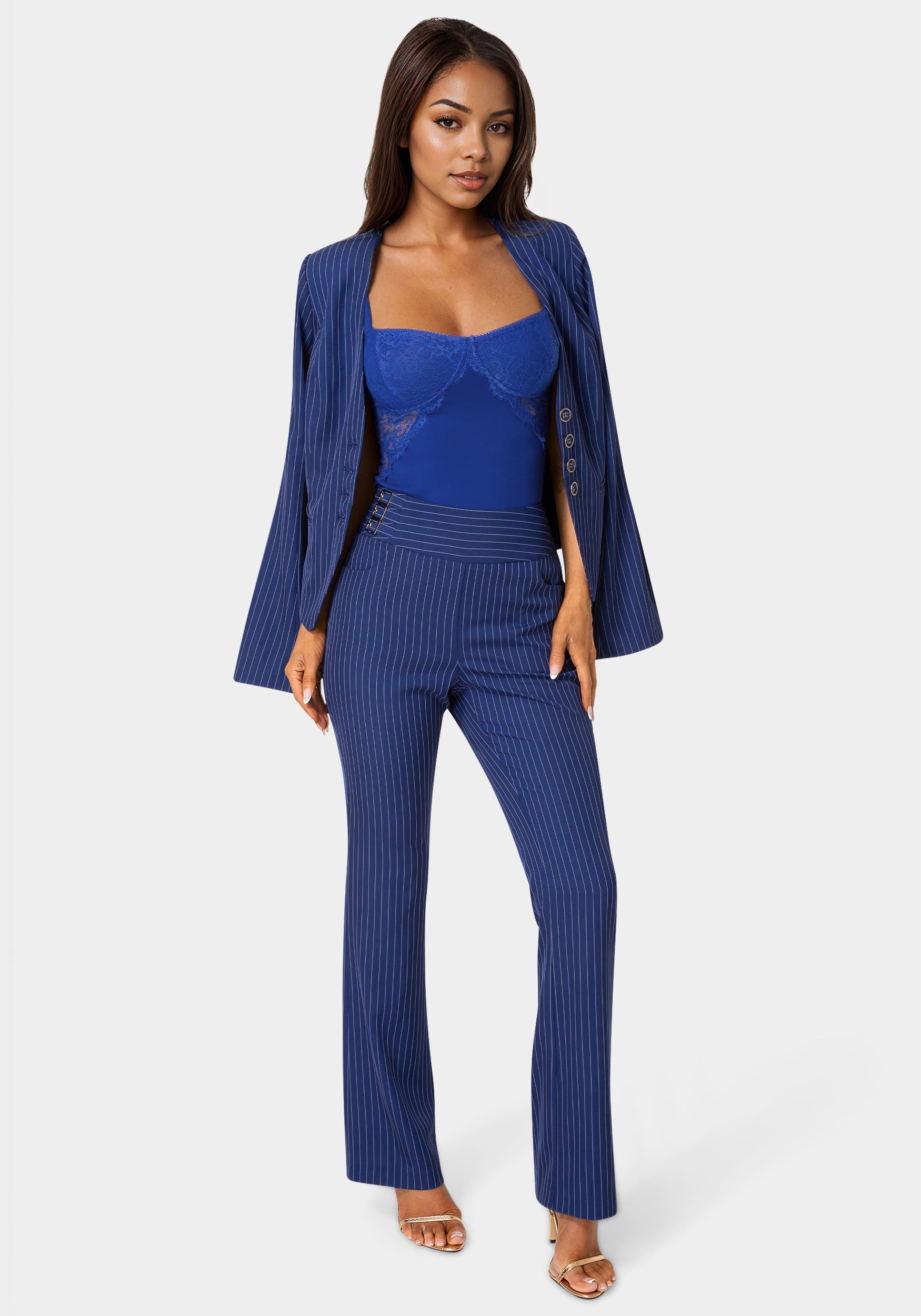 Front view - Mid Rise Stripe Mini Bootcut Leg Pant - Blue Intention Pinstripe