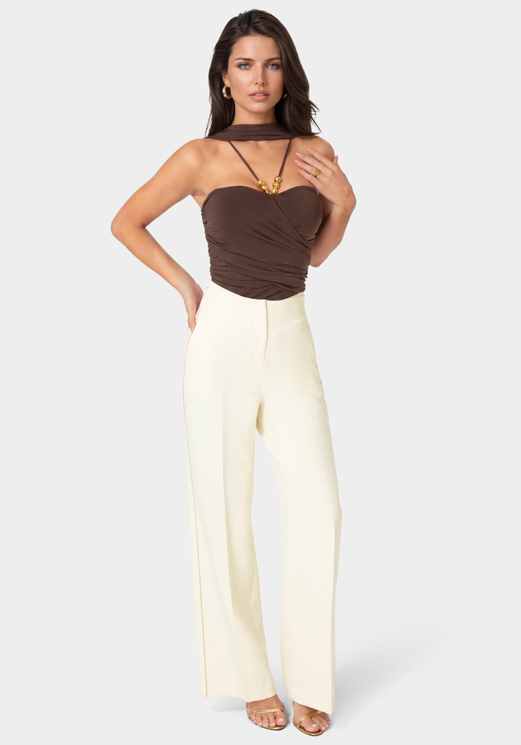 Front View-Tailored Straight Wide Leg Pant-Butter Cream