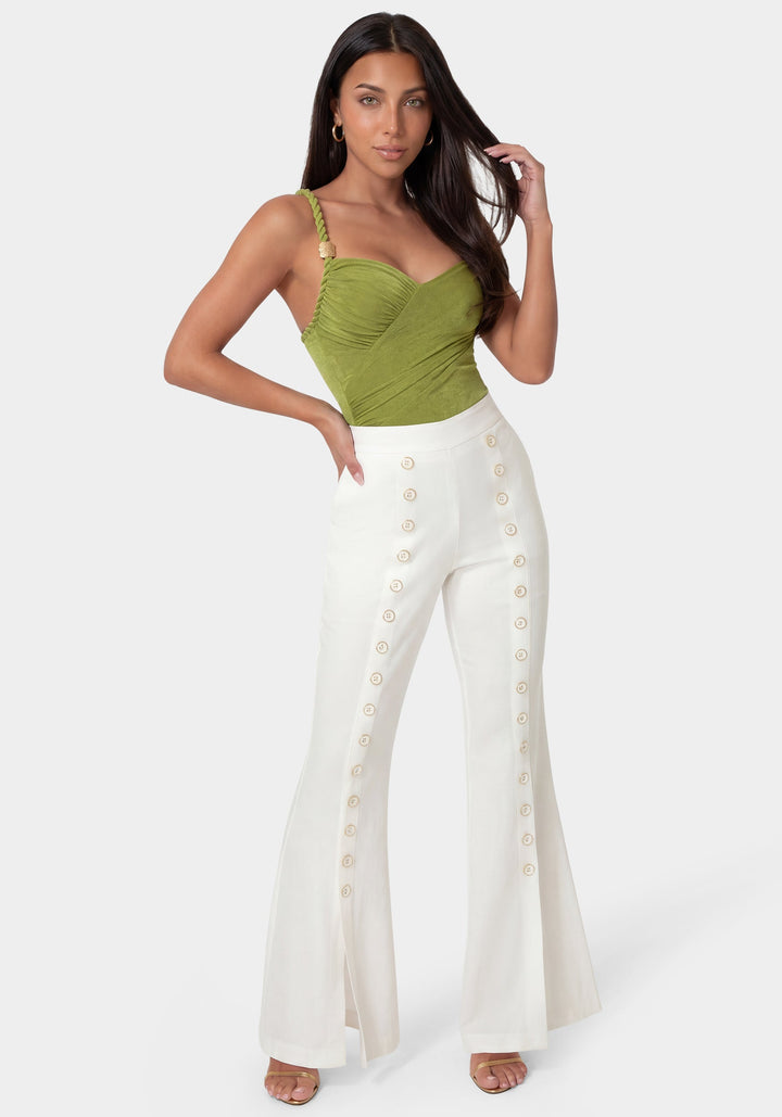 Front View-Linen Mini Flare Leg Pant-WHITE ALYSSUM