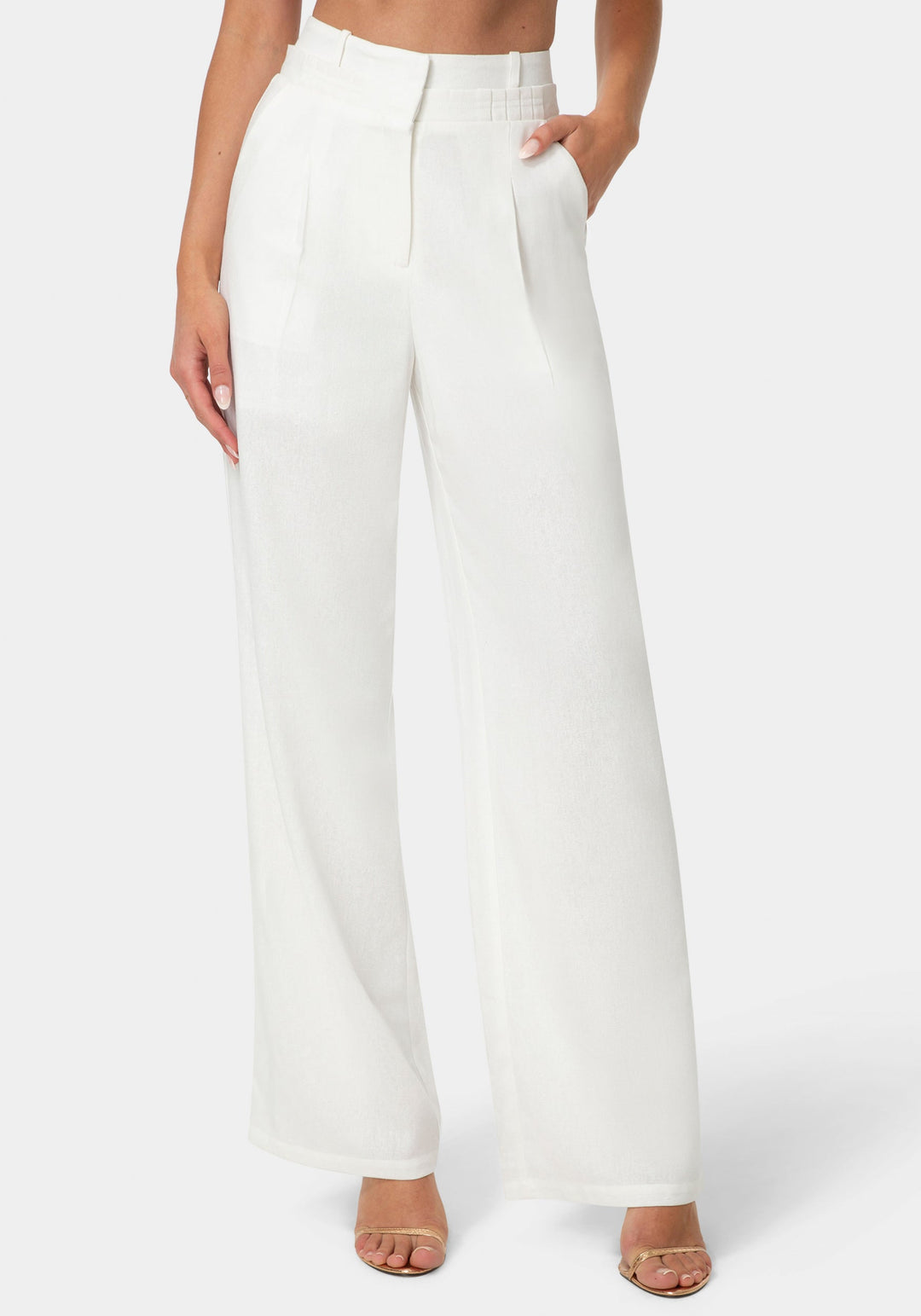 Front View-Pleated Linen Wide Leg Pant-WHITE ALYSSUM