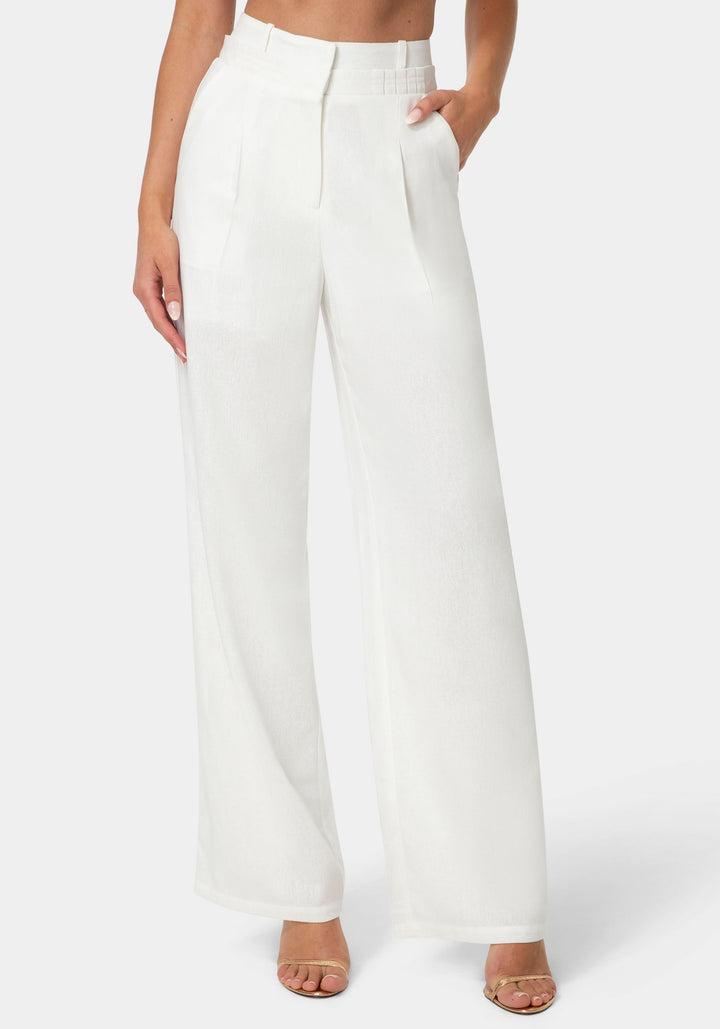 Front View-Pleated Linen Wide Leg Pant-WHITE ALYSSUM