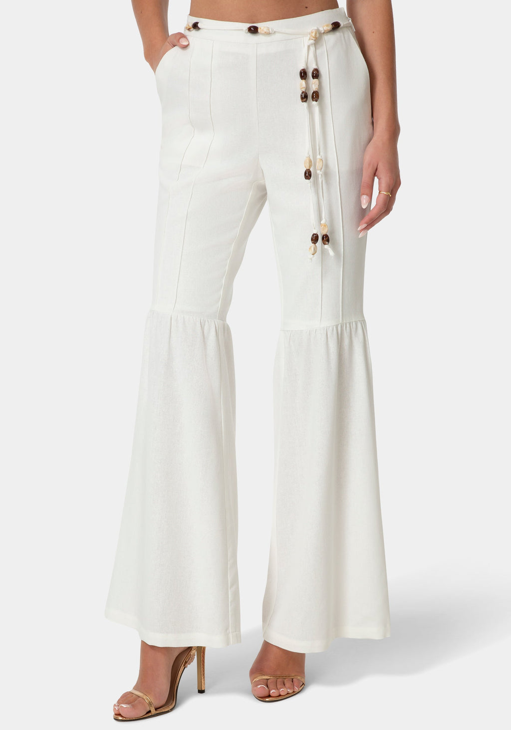 Front View-BELL BOTTOM LINEN PANTS-WHITE ALYSSUM