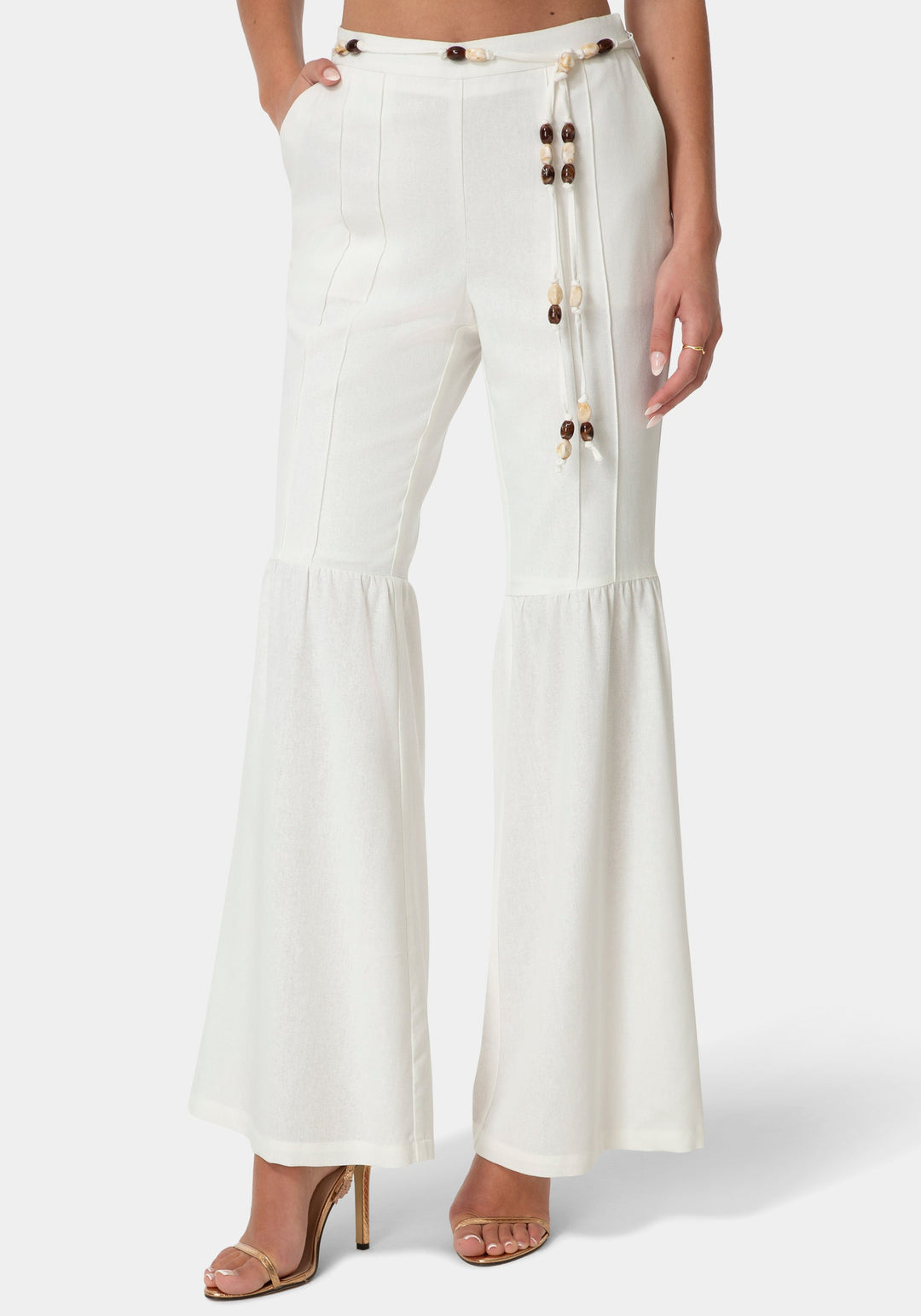 Front View-BELL BOTTOM LINEN PANTS-WHITE ALYSSUM