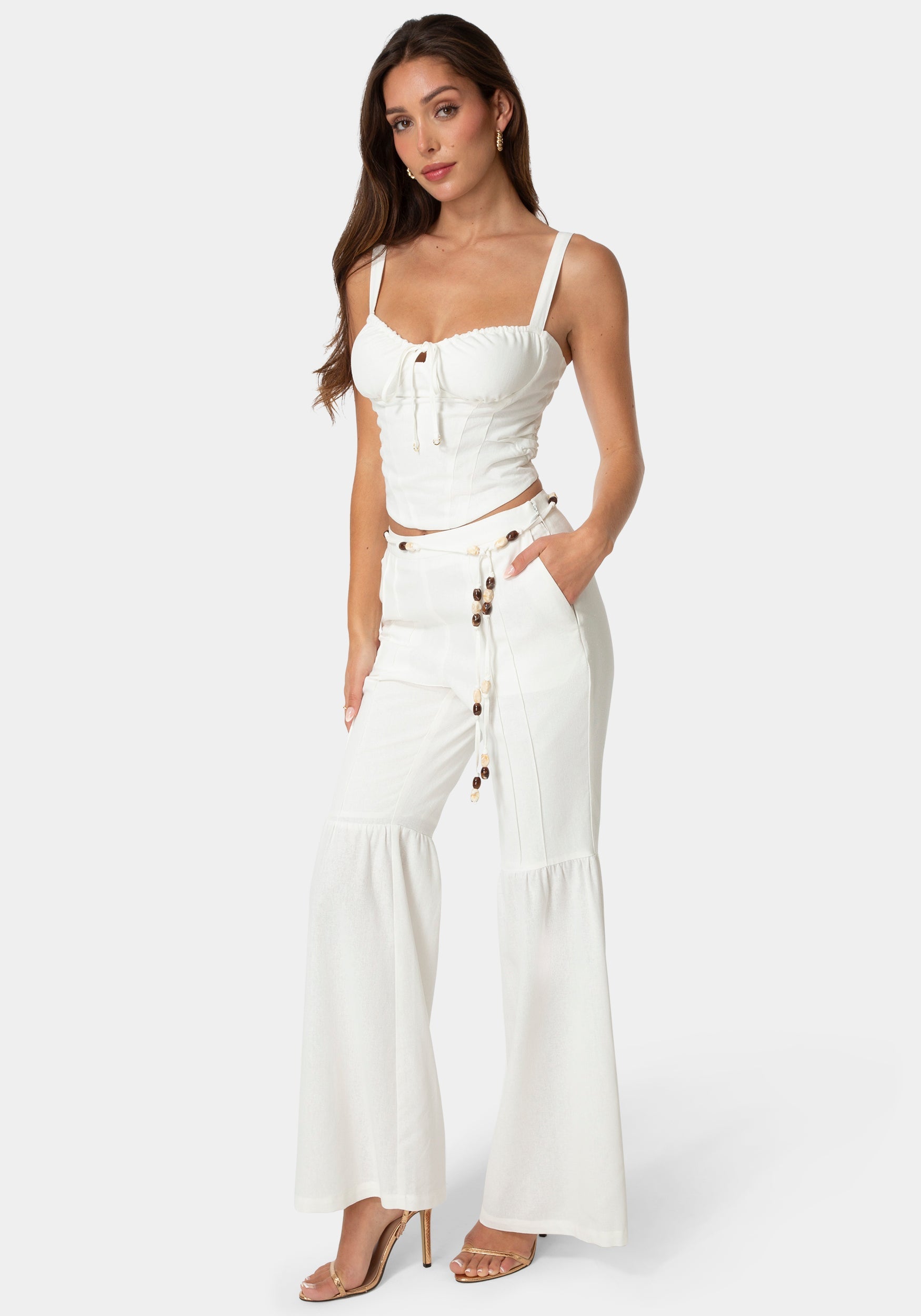 Side View-BELL BOTTOM LINEN PANTS-WHITE ALYSSUM