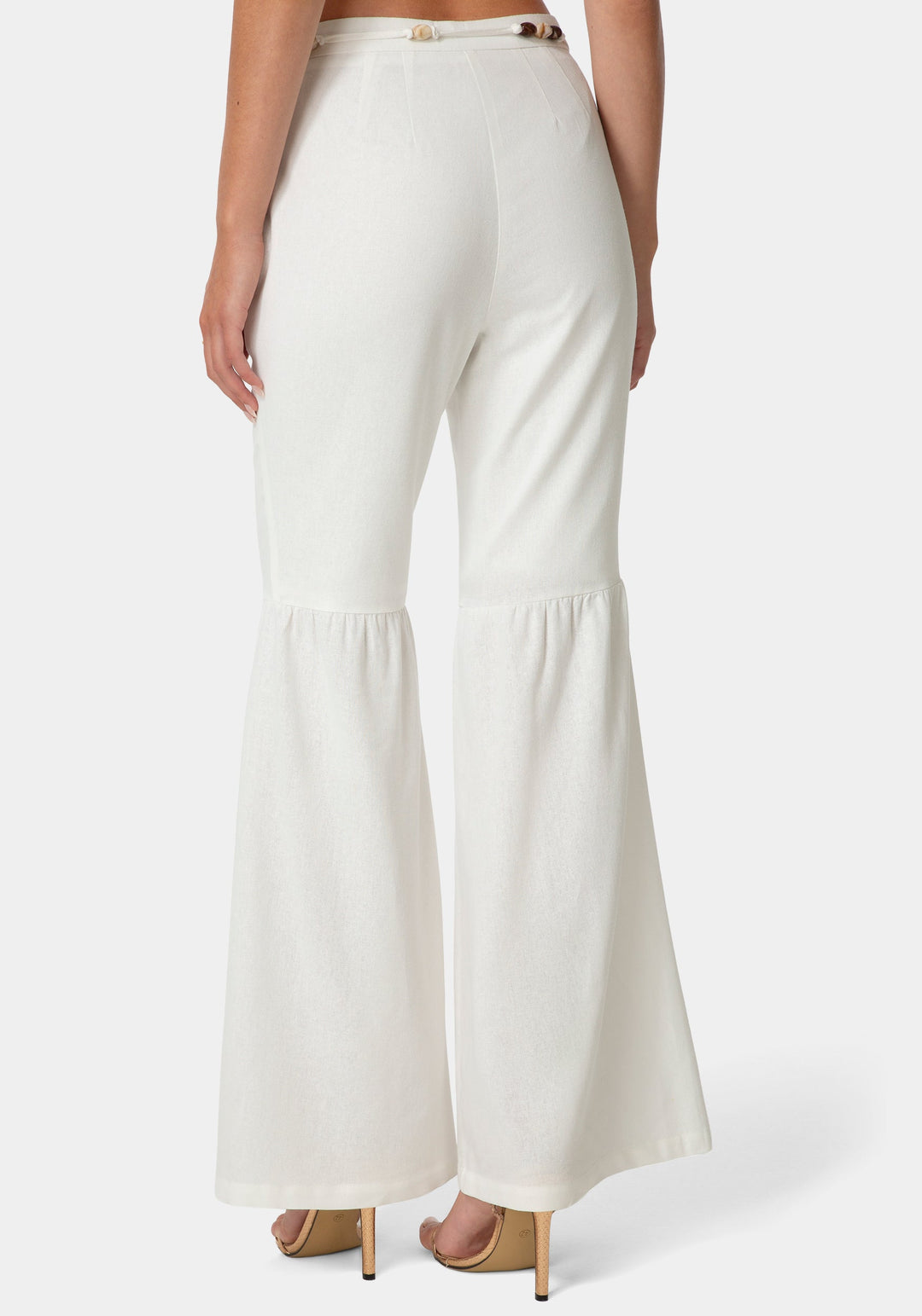 Back View-BELL BOTTOM LINEN PANTS-WHITE ALYSSUM