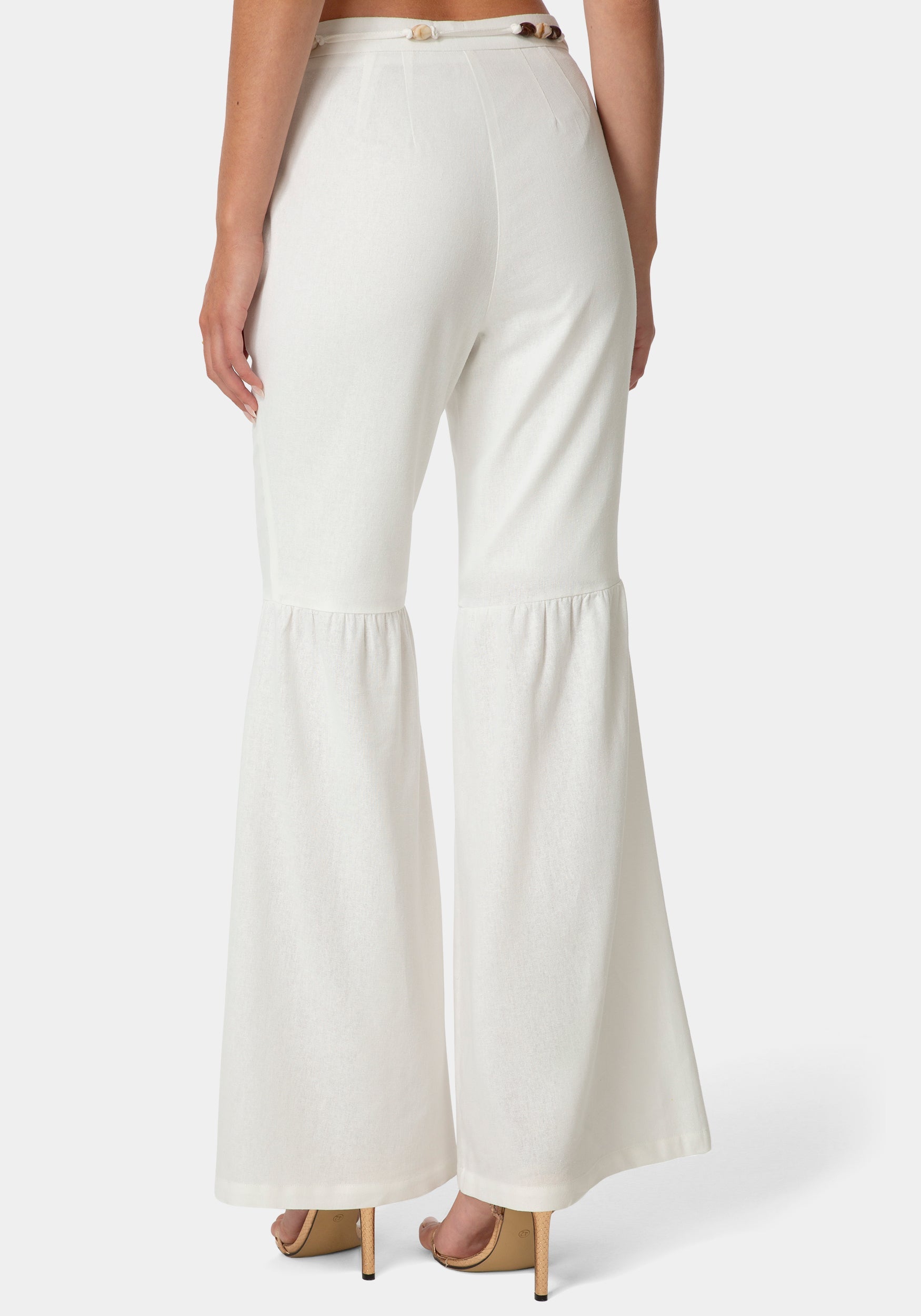 Back View-BELL BOTTOM LINEN PANTS-WHITE ALYSSUM