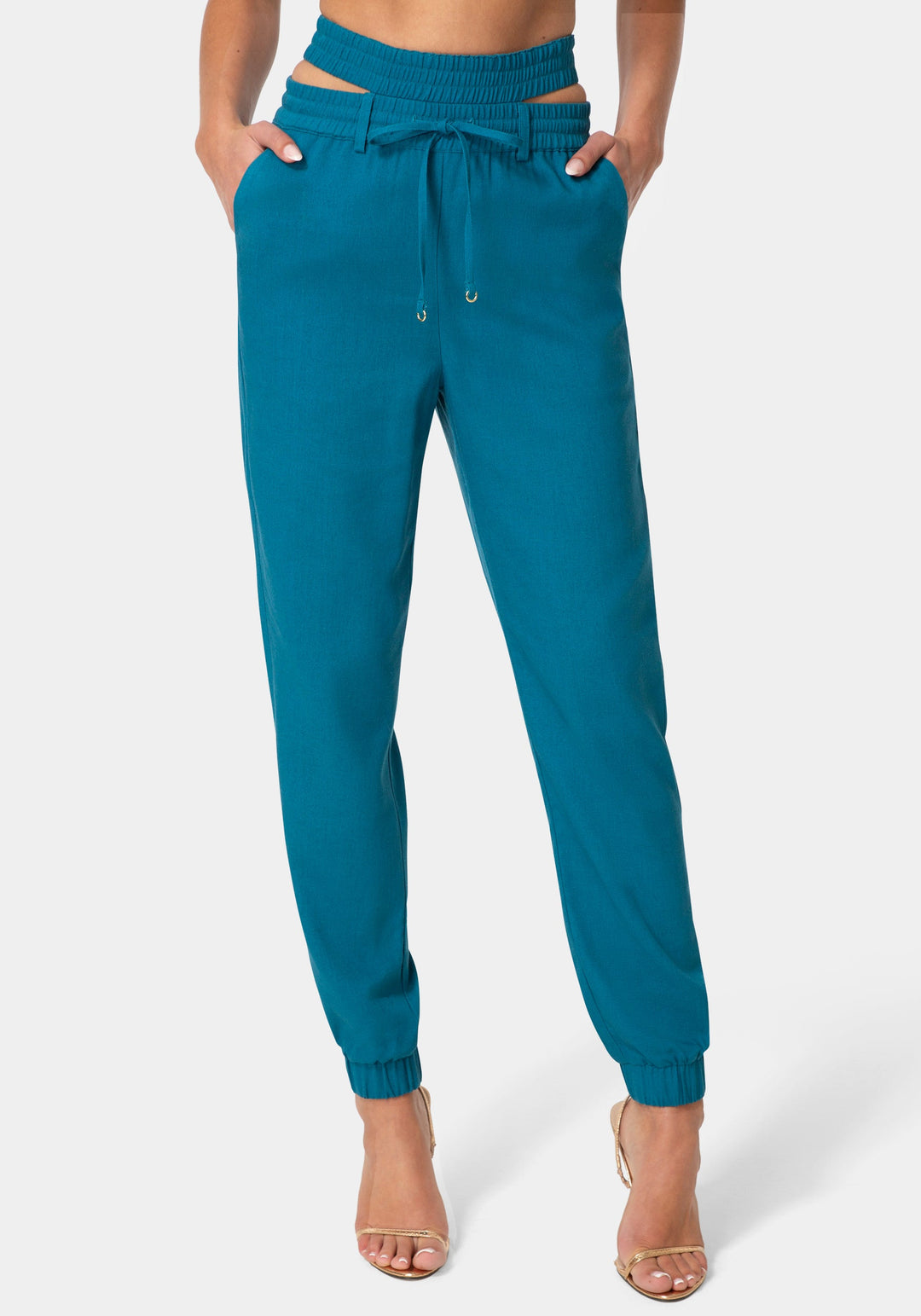 Front View-HIGH WAISTED CUTOUT LINEN JOGGER-DEEP LAGOON