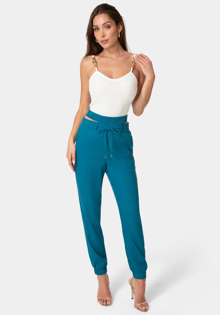 Detail View-HIGH WAISTED CUTOUT LINEN JOGGER-DEEP LAGOON