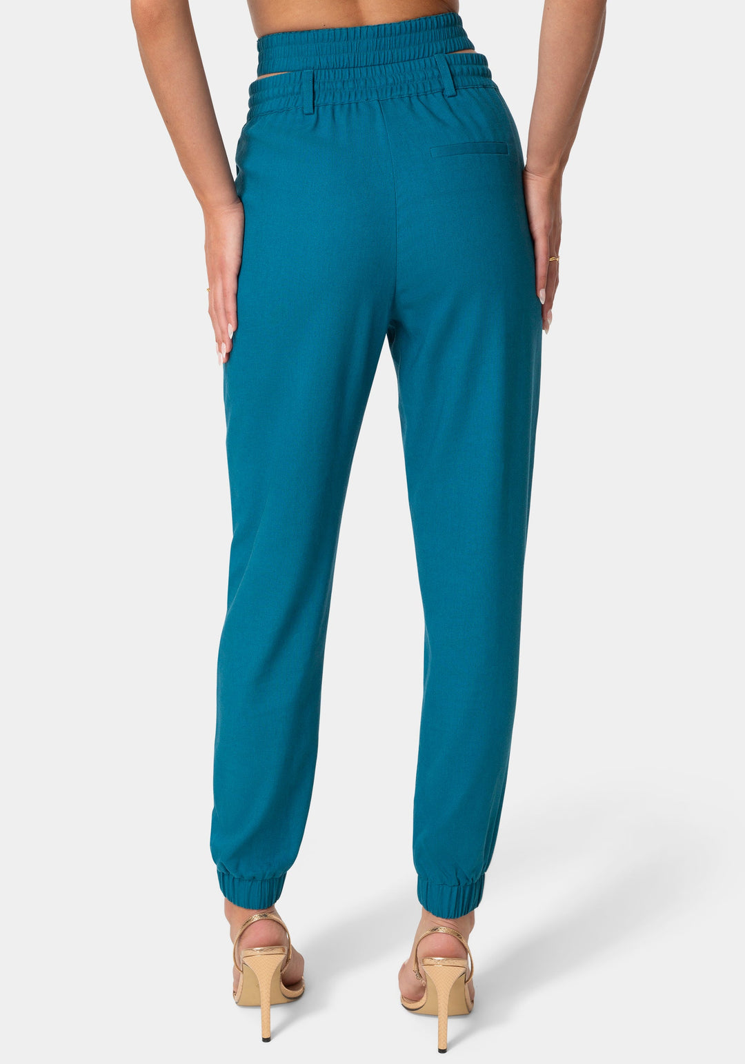 Back View-HIGH WAISTED CUTOUT LINEN JOGGER-DEEP LAGOON