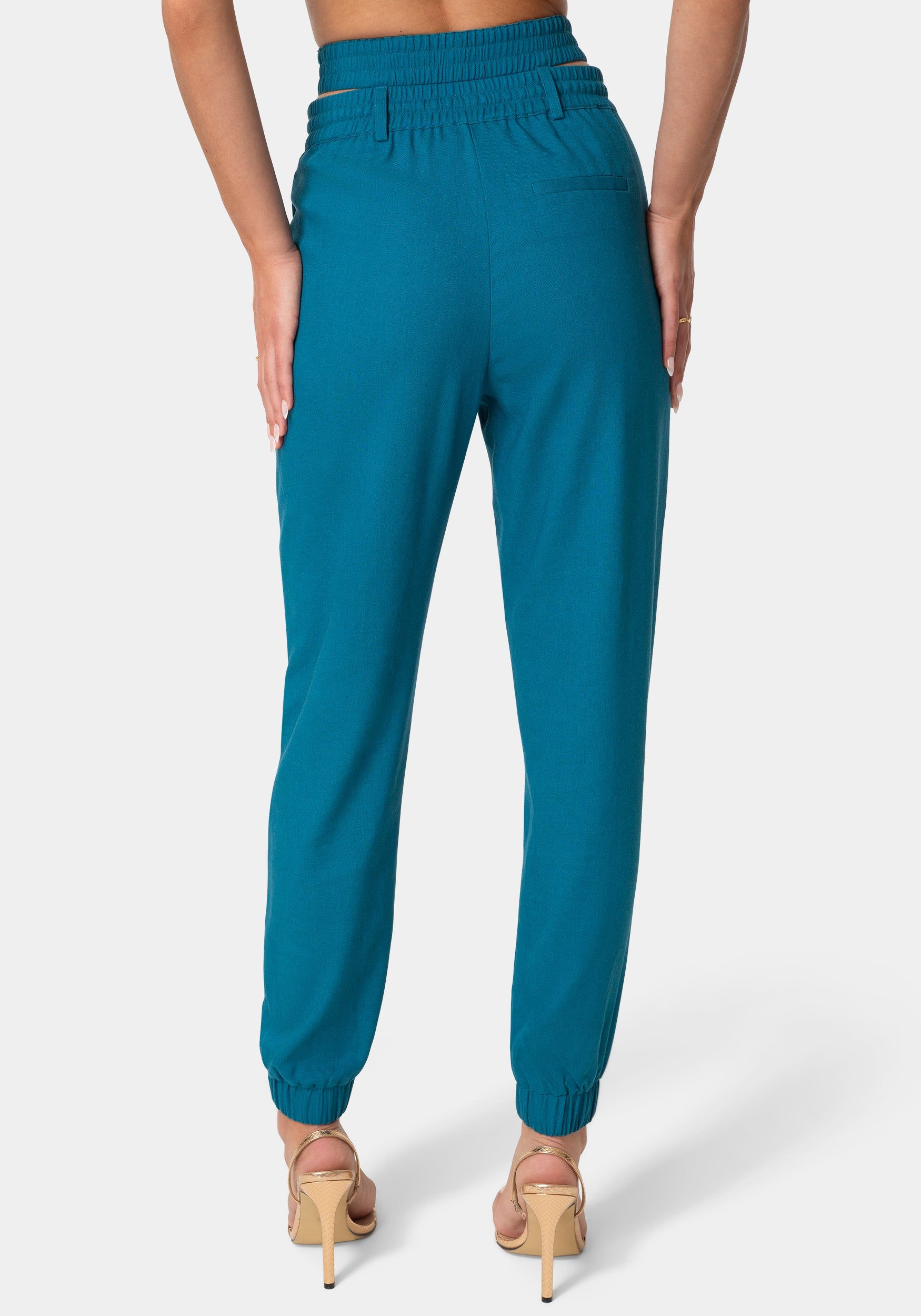 Back View-HIGH WAISTED CUTOUT LINEN JOGGER-DEEP LAGOON