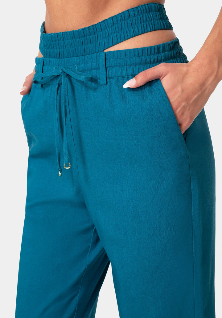 Side View-HIGH WAISTED CUTOUT LINEN JOGGER-DEEP LAGOON