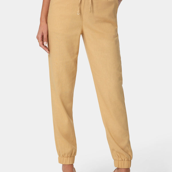 Front View-HIGH WAISTED CUTOUT LINEN JOGGER-SUNDUST