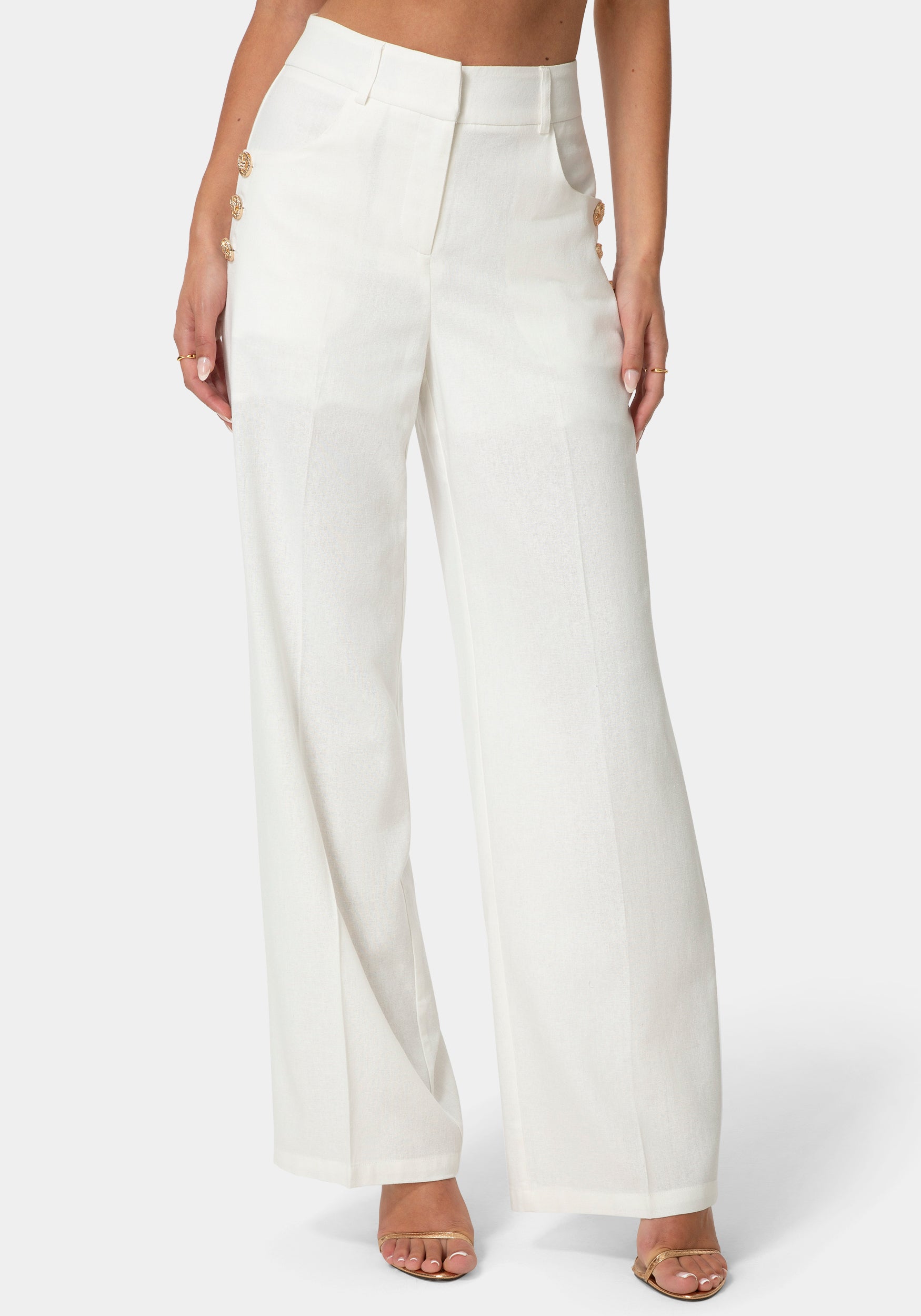 Front View-LINEN PALAZZO PANTS-WHITE ALYSSUM