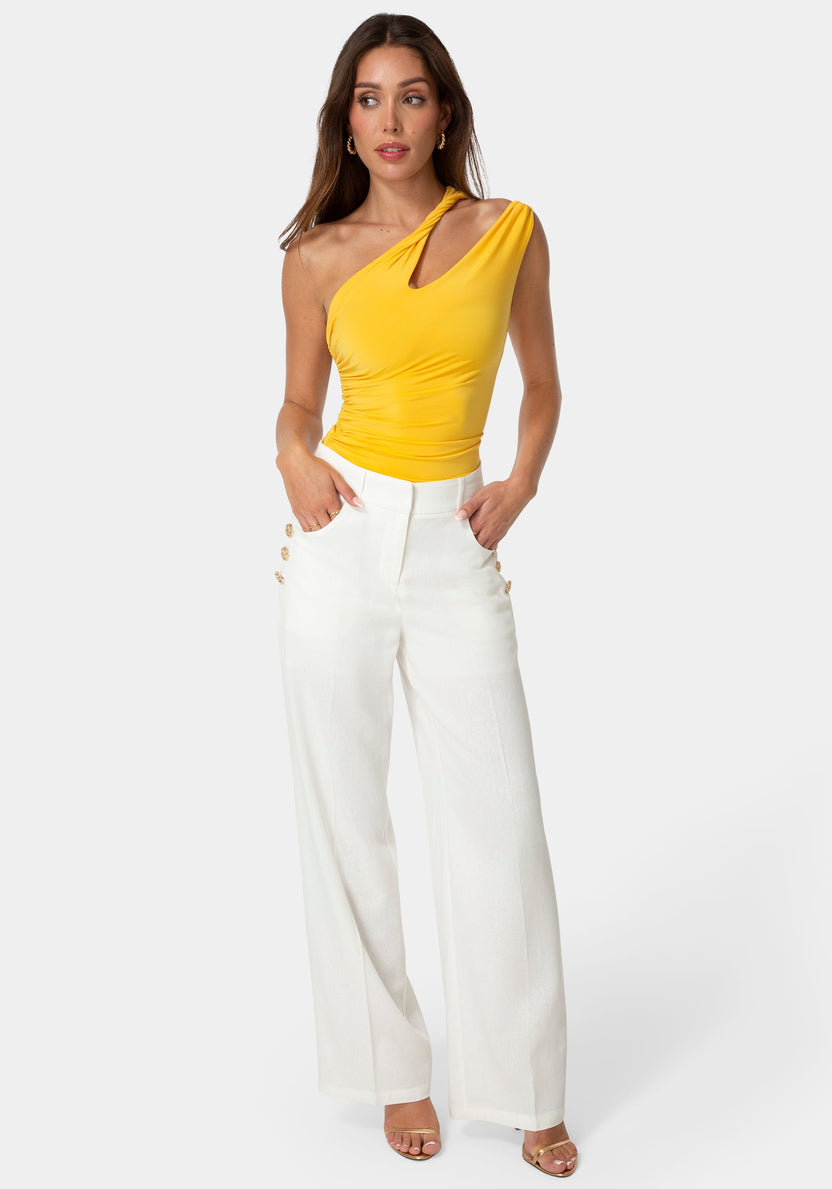 Detail View-LINEN PALAZZO PANTS-WHITE ALYSSUM