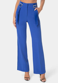 Front View-GOLD BUCKLE DETAIL STRAIGHT LEG PANTS-LUXE BLUE