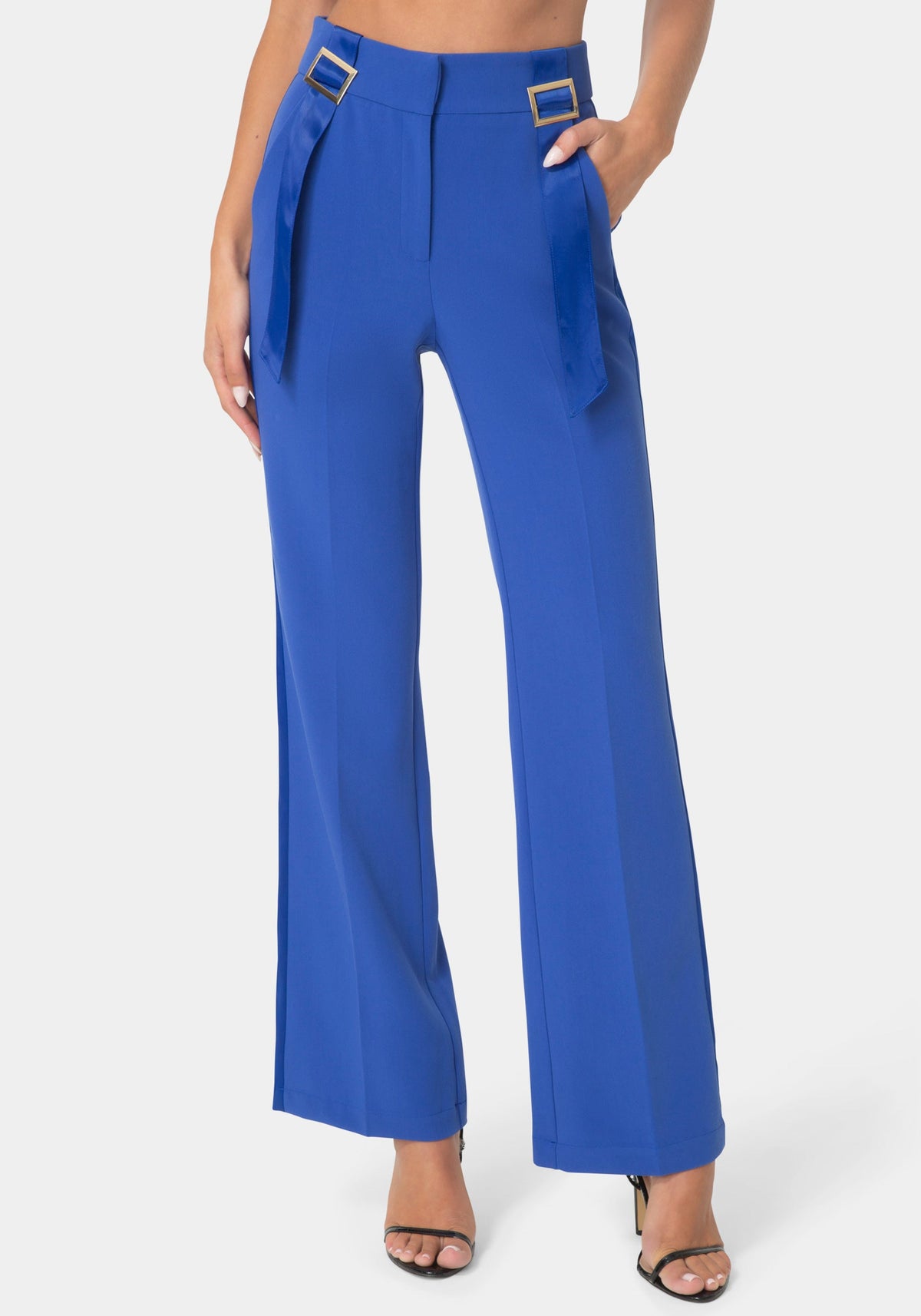 Front View-GOLD BUCKLE DETAIL STRAIGHT LEG PANTS-LUXE BLUE